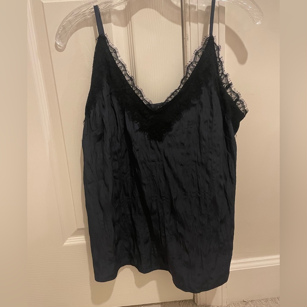 Navy V-Neck Cami with Black Lace Detailing